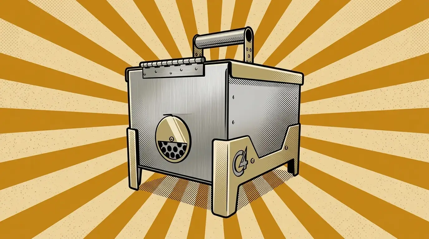 Comic illustration of the M Grills C4, a small brushed steel box grill with a round vent disc and a folding handle