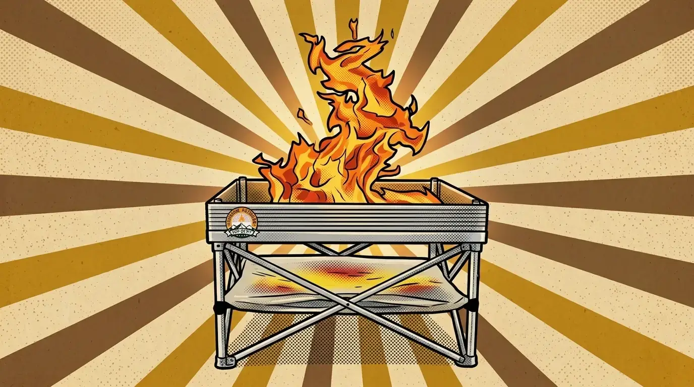 Comic illustration of the Fireside Outdoor Pop-Up Fire Pit, an aluminium frame on X-braced legs with a fire burning in the mesh basket