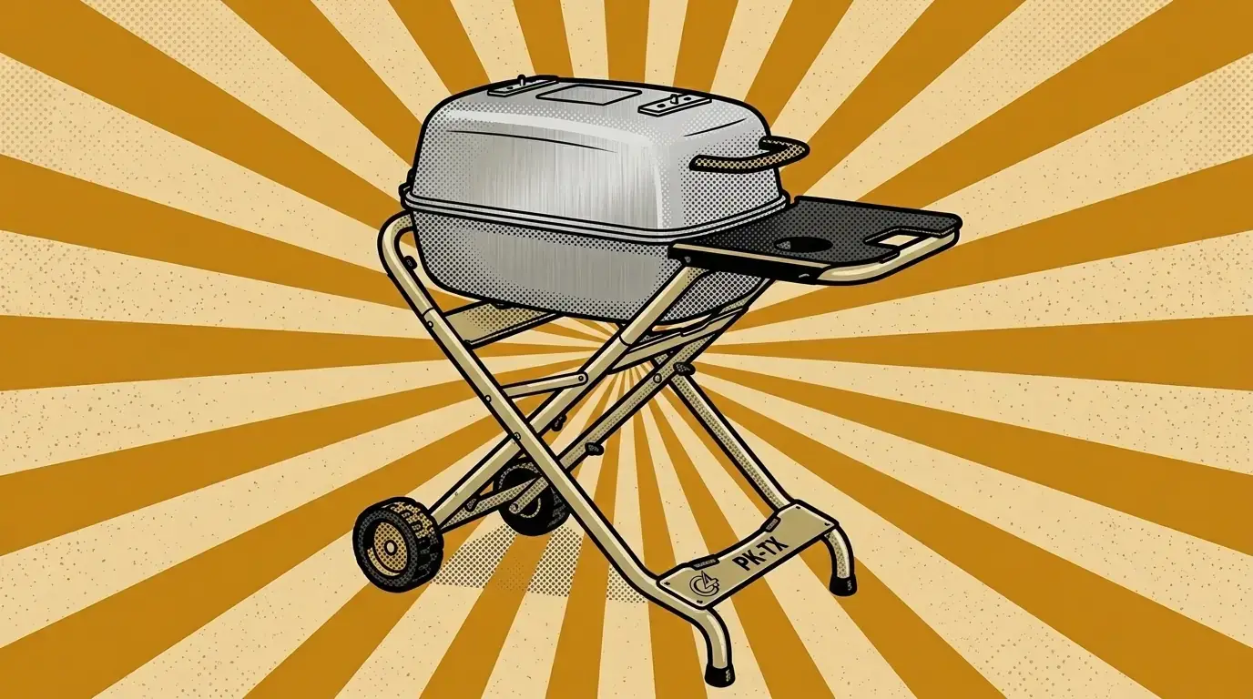 Comic illustration of the PK Grills PKTX, a silver capsule grill on its folding X-frame cart with a side shelf