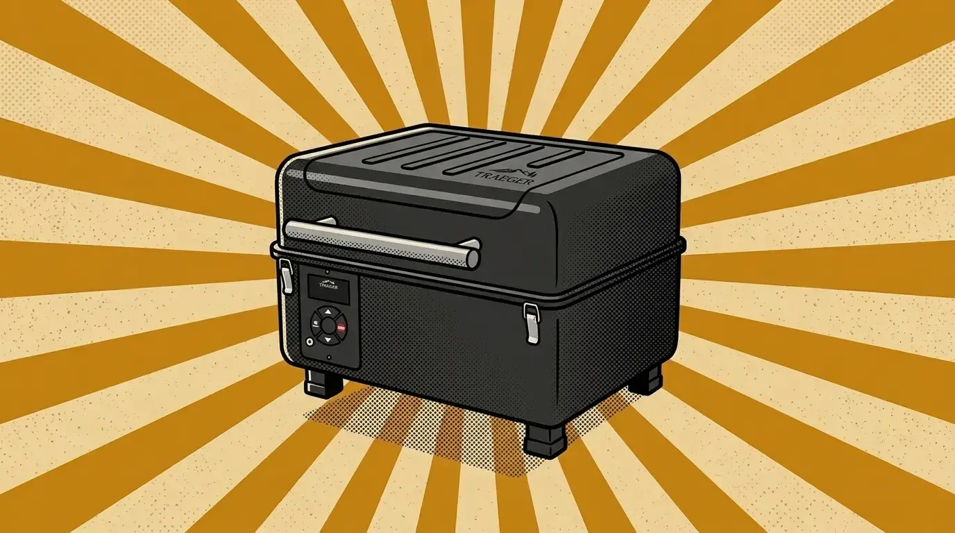 Comic illustration of the Traeger Ranger, a black tabletop pellet grill with a chrome bar handle, two latches and a digital controller