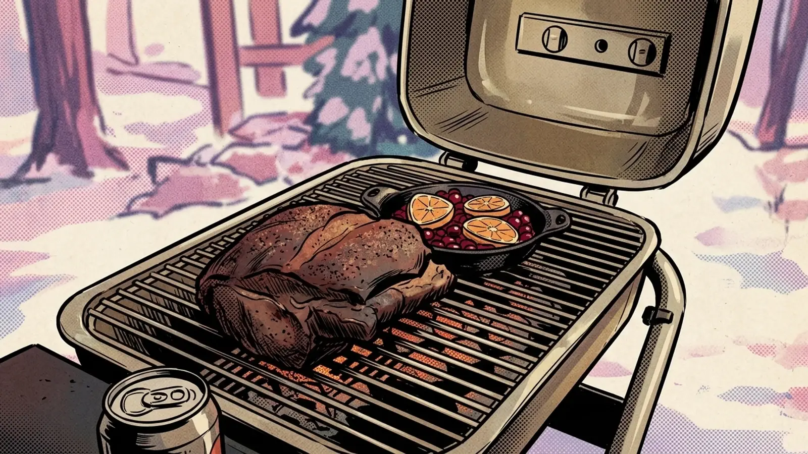 Comic illustration of a roast on the PK PKTX grate with the lid open and a small skillet beside it