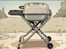 Comic illustration of the silver PK PKTX charcoal grill and smoker closed on its folding cart, side shelf out