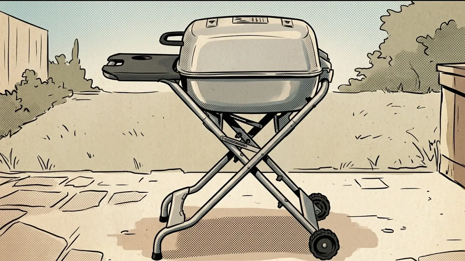 Comic illustration of the silver PK PKTX charcoal grill and smoker closed on its folding cart, side shelf out