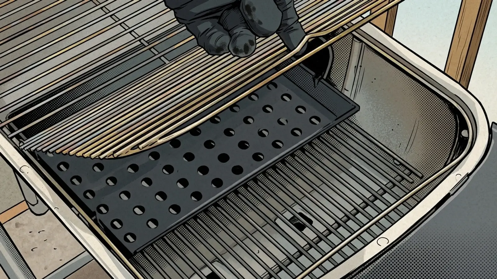 Comic illustration of the PK PKTX with the lid open, a gloved hand lifting the cooking grate to show the charcoal grate underneath