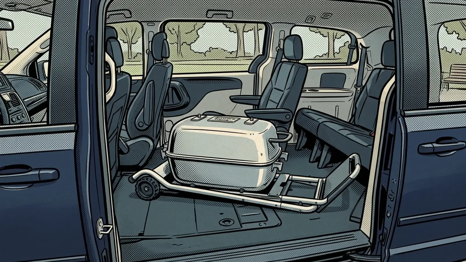 Comic illustration of the inside of a minivan through an open sliding door, one second-row seat stowed and the silver PK PKTX capsule on its folded cart laying flat on that floor
