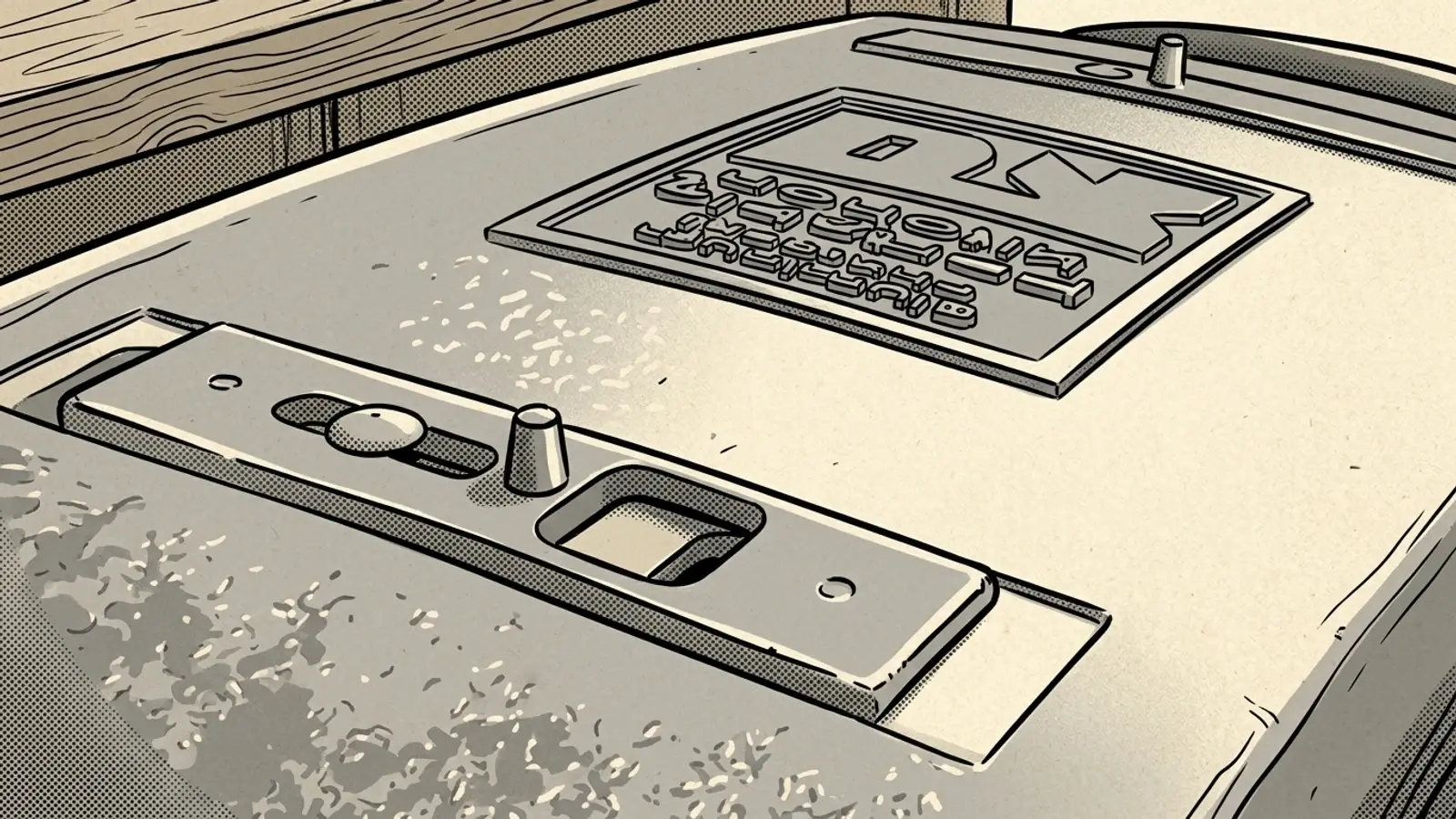 Comic illustration of the top of the PK PKTX lid, close on one of the vent slides and the cast PK badge
