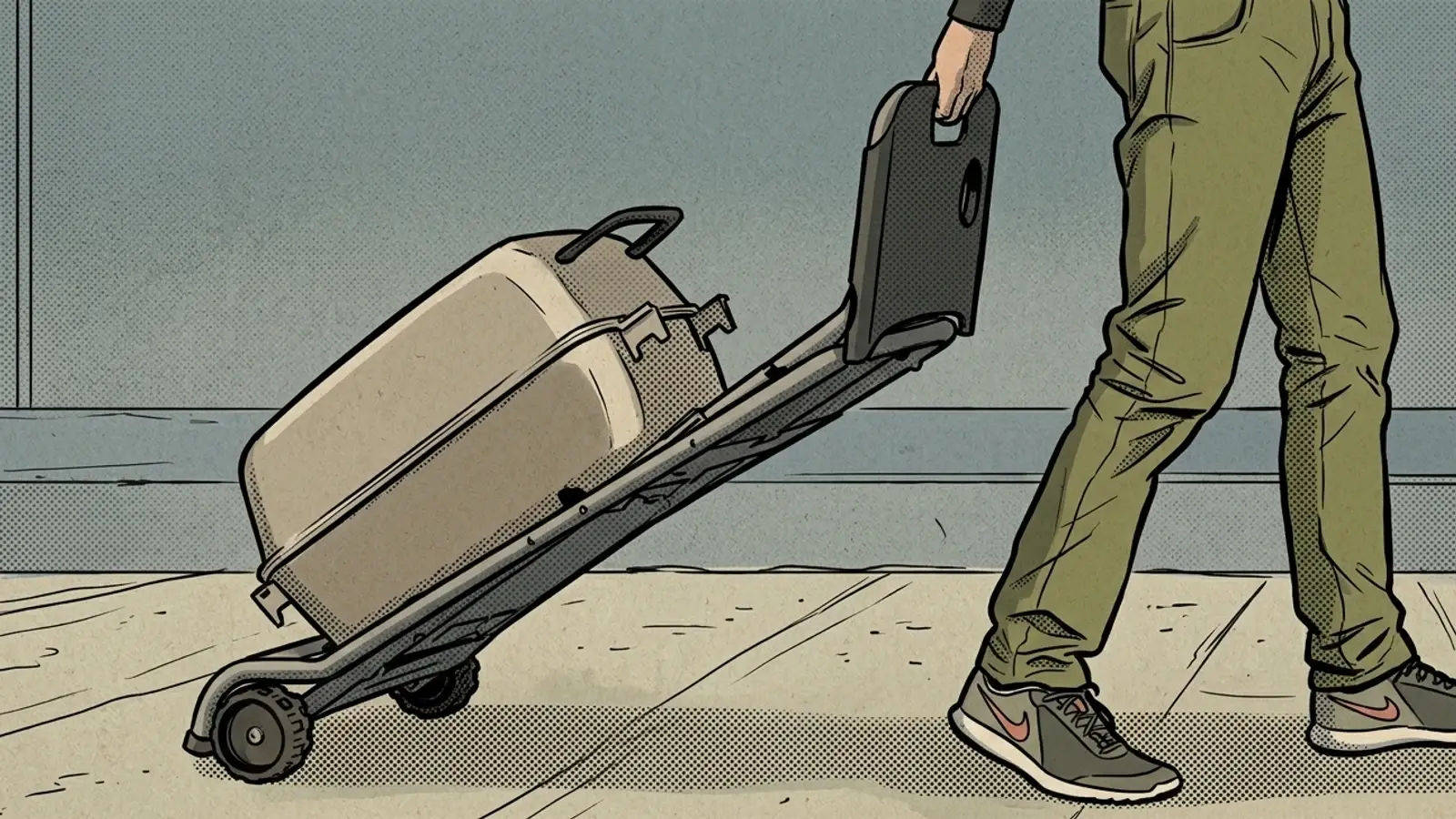 Comic illustration of the PK PKTX tilted back on its cart wheels and being pulled along by the handle