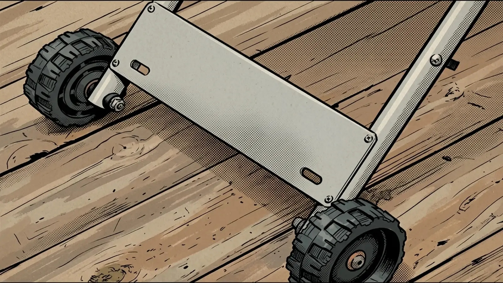 Comic illustration of the PK PKTX cart's folding aluminum frame and its two rubber wheels
