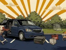 Comic panel of the mini-van in a park lot with its sliding door open, the four grills lined up in front of it, a tool box on the ground and a soccer goal in the grass behind